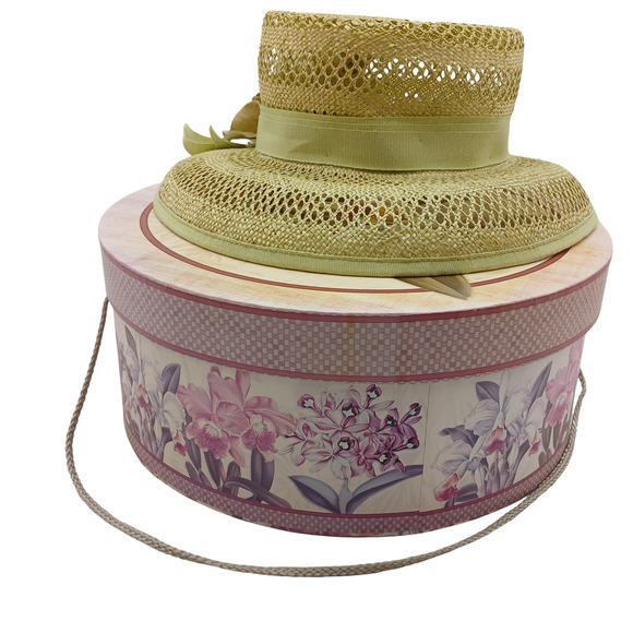 Vintage Church Green Straw Hat w/ Flower & Hat Box – Elegant Floral Style Retro main image 8